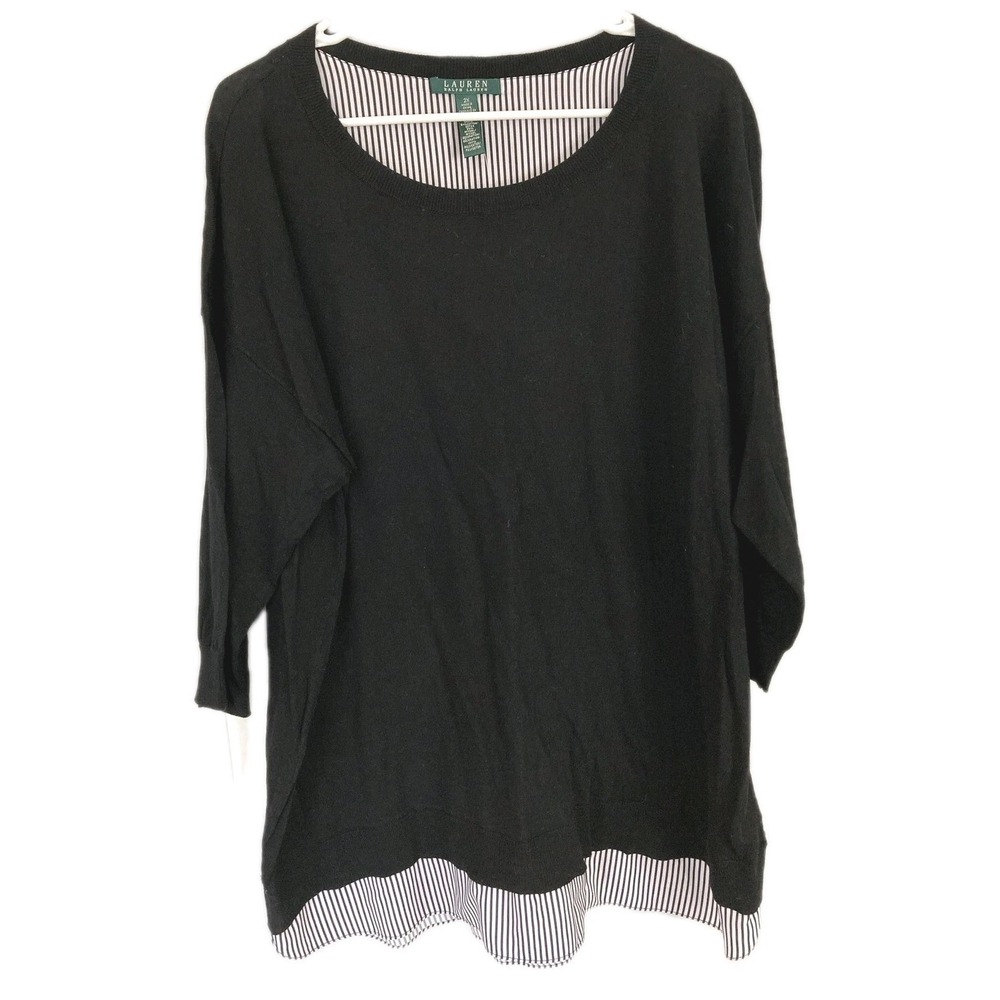 Lauren Ralph Lauren Sweater Tunic Women 2X Black Stripe Tail Hem 3/4 Sleeve NWT